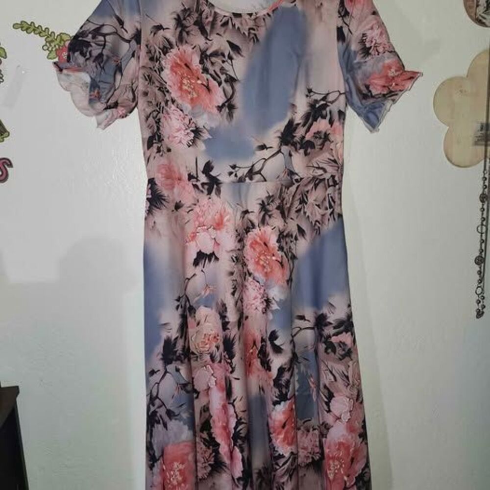 Floral Short Puffy Fit n Flare Sleeve Dress Pink and Blue L